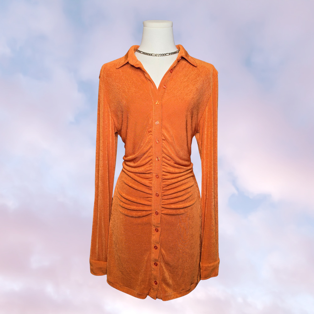 With Jean Andy Orange Ruched Button Up Long Sleeve Scrunchy Collared Dress Sz M